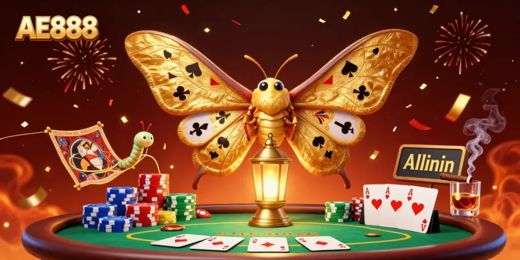 Experience the excitement of AE888 casino with a vibrant scene of a golden atlas moth and dynamic poker elements.