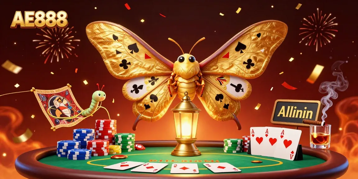 Experience the excitement of AE888 casino with a vibrant scene of a golden atlas moth and dynamic poker elements.
