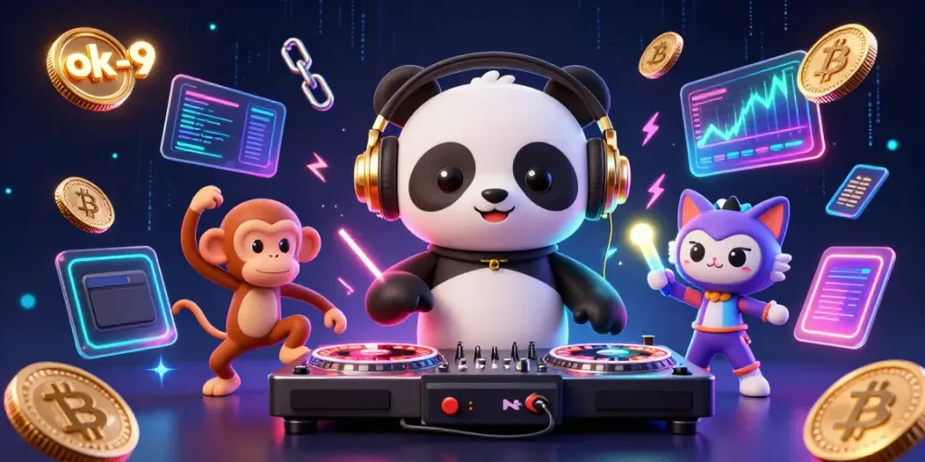 Experience the vibrant energy of ok-9 with a dancing DJ panda and glowing crypto elements in a lively casino scene.