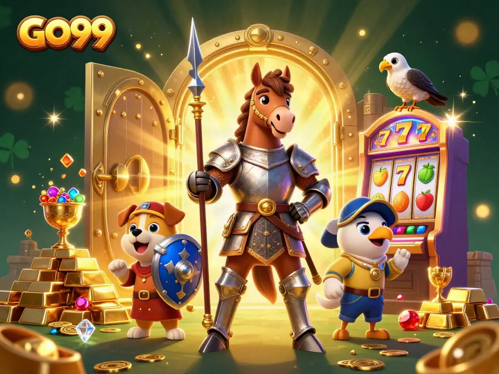 Engage in epic gaming adventures with GO99, featuring knights and treasures in a vibrant 3D scene.