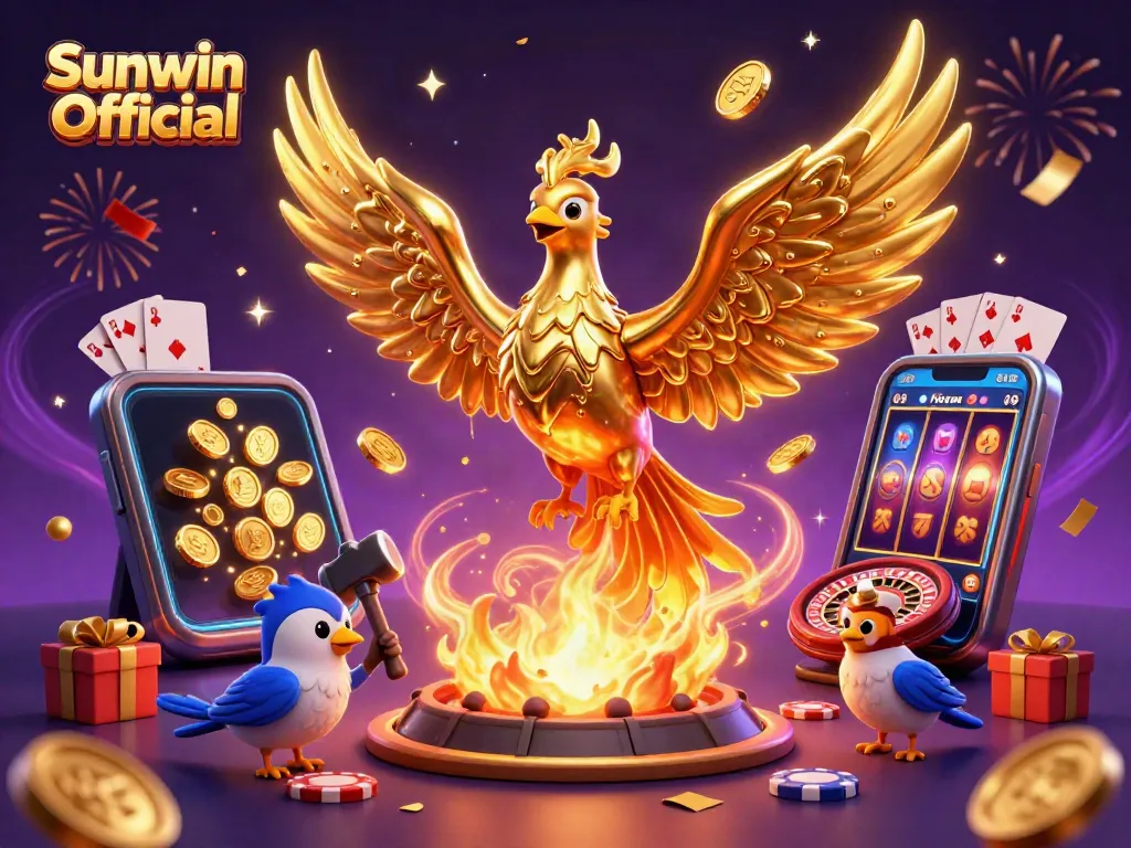 Engage with Sunwin Official's gaming excitement, featuring a golden phoenix and vibrant casino elements.
