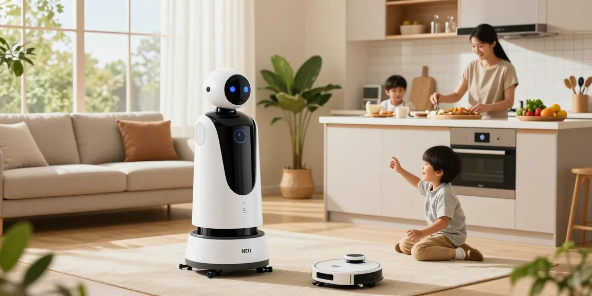 Humanoid home robot NEO cleaning and cooking in a modern home setting, illustrating smart household integration.