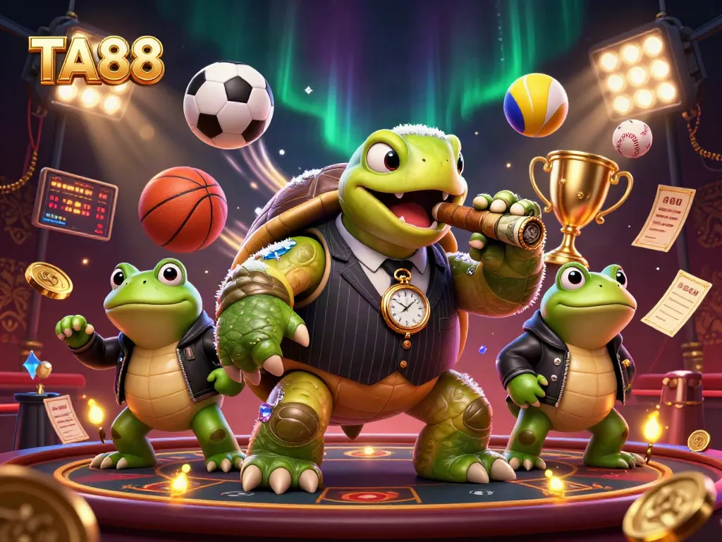 TA88 showcases a vibrant casino scene with a snapping turtle and bullfrog enforcers, surrounded by dynamic sports elements.