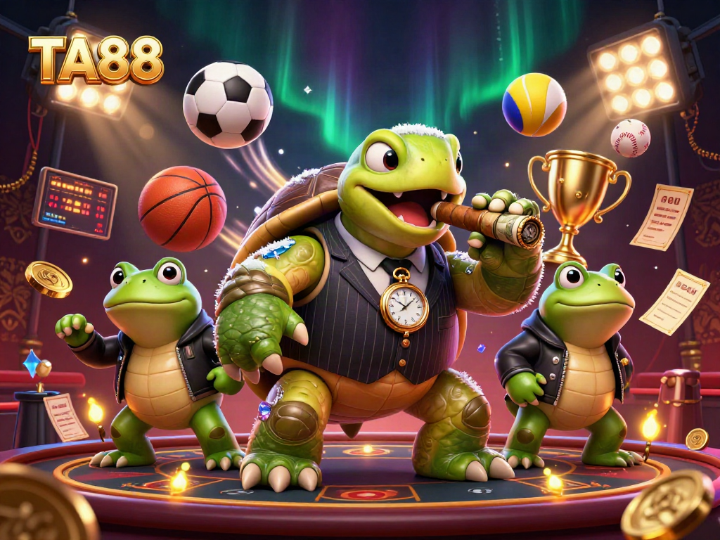 TA88 showcases a vibrant casino scene with a snapping turtle and bullfrog enforcers, surrounded by dynamic sports elements.