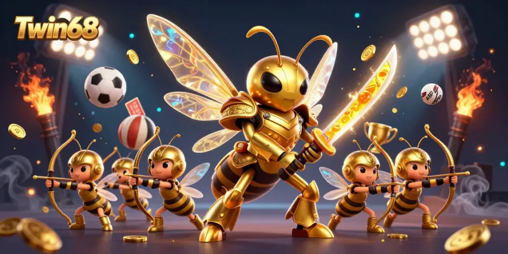 Discover epic gaming action at Twin68 with a vibrant scene showcasing an adventurous hornet in samurai armor, embodying the thrill of sports betting.