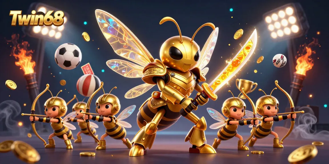 Discover epic gaming action at Twin68 with a vibrant scene showcasing an adventurous hornet in samurai armor, embodying the thrill of sports betting.
