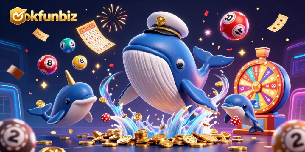 Experience winning moments with okfunbiz at a vibrant, colorful casino-themed scene.