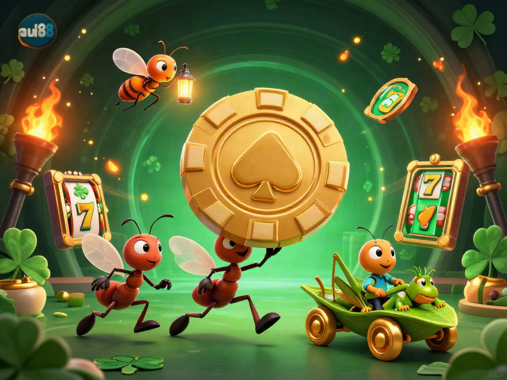 Experience the thrill of au88 with lively gambling elements like golden poker chips and slot reels in action.