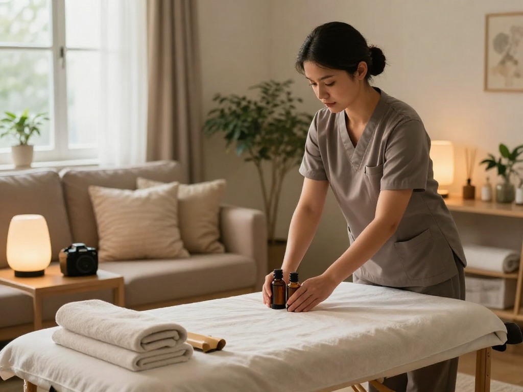 Premium 출장안마 setup at home with a professional therapist preparing a relaxing atmosphere.