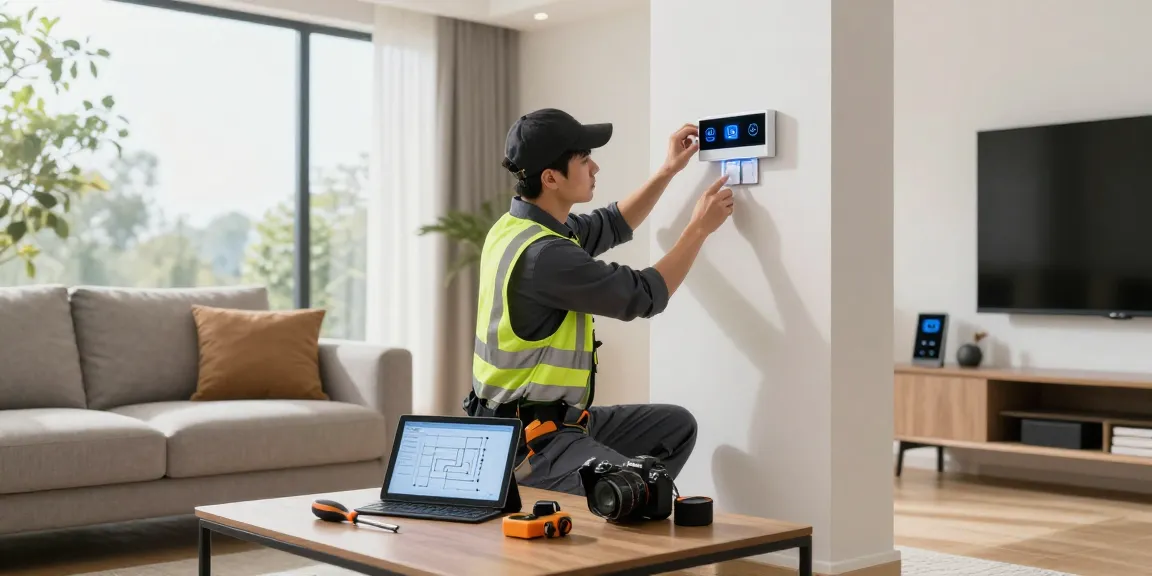 Elektrotechnik in Dortmund bei der Installation von Smart Home Geräten im modernen Wohnzimmer.