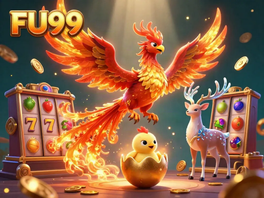 Engage in thrilling FU99 slots with the majestic phoenix and golden elements illustrating online gaming adventure.