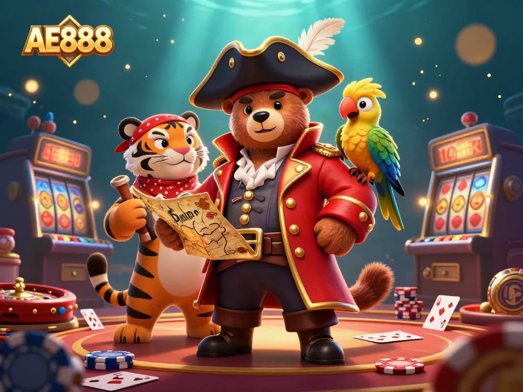 Engage with AE888's vibrant casino adventure featuring playful characters and classic gaming elements.