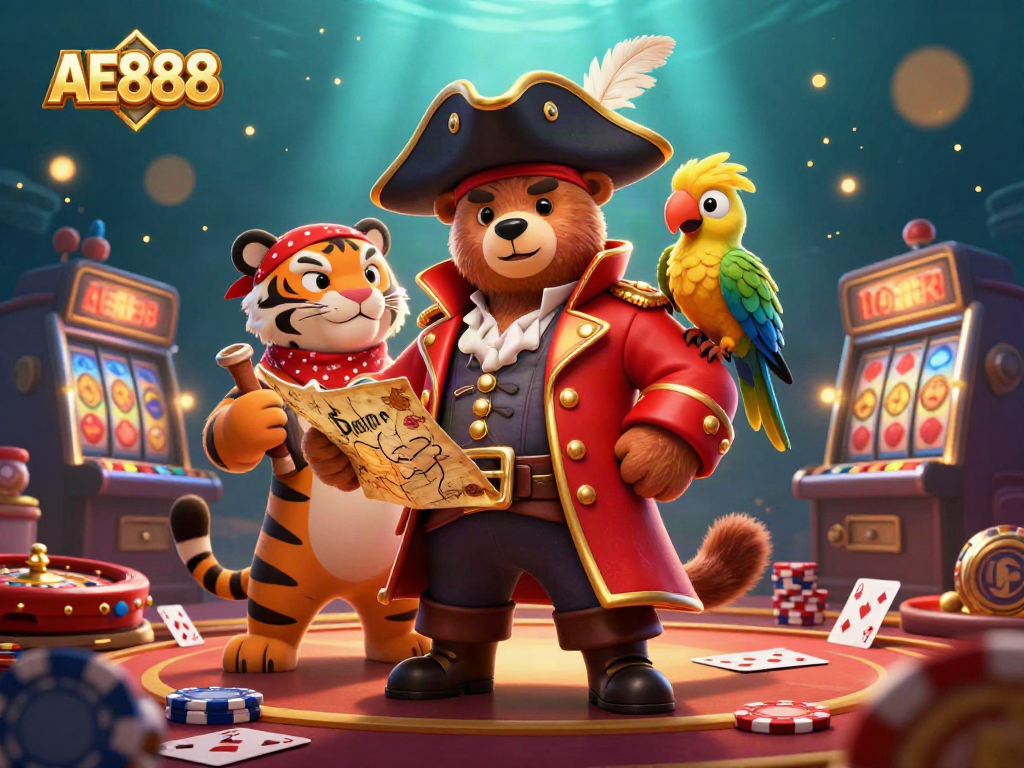 Engage with AE888's vibrant casino adventure featuring playful characters and classic gaming elements.