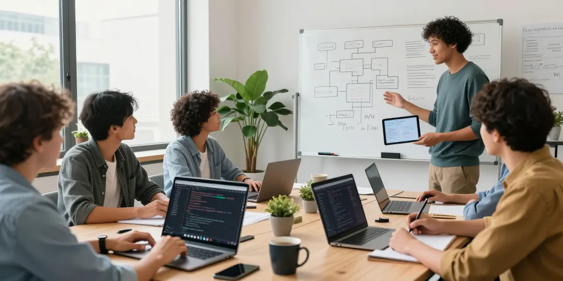 Team building internal tools with AI in a bright office space.