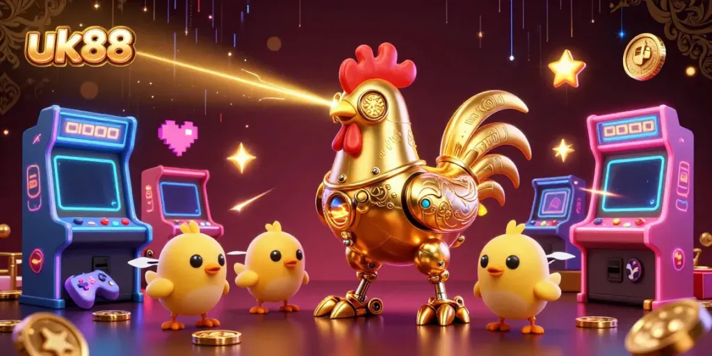 Engage with uk88's thrilling 3D cartoon casino adventure featuring a golden robot and chick drones amidst vibrant game elements.