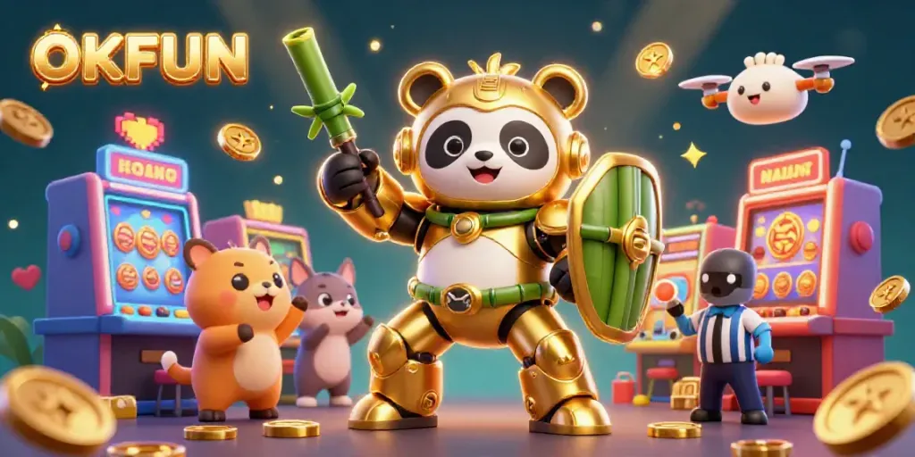 Experience the excitement at OKFUN casino with vibrant slot machines, dynamic characters, and festive gold coins.
