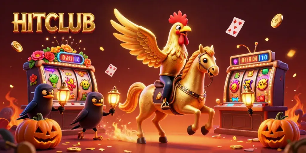 Engage with HITCLUB in this vibrant casino scene, showcasing a golden rooster riding through a dynamic midnight casino.