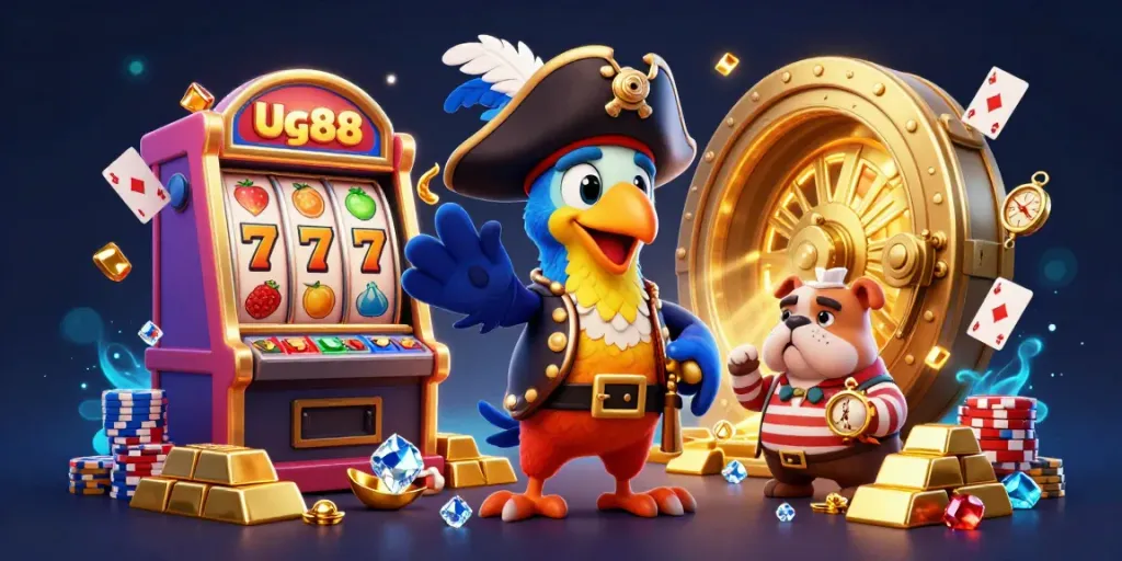 Spin and win at Ug88 casino with a vibrant slot machine and magical treasure in a colorful pirate scene.