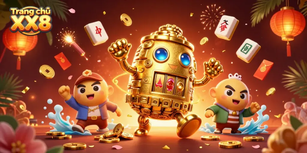 Experience the excitement of Trang chủ XX8 with a vibrant casino scene featuring a 3D golden golem and floating game elements.