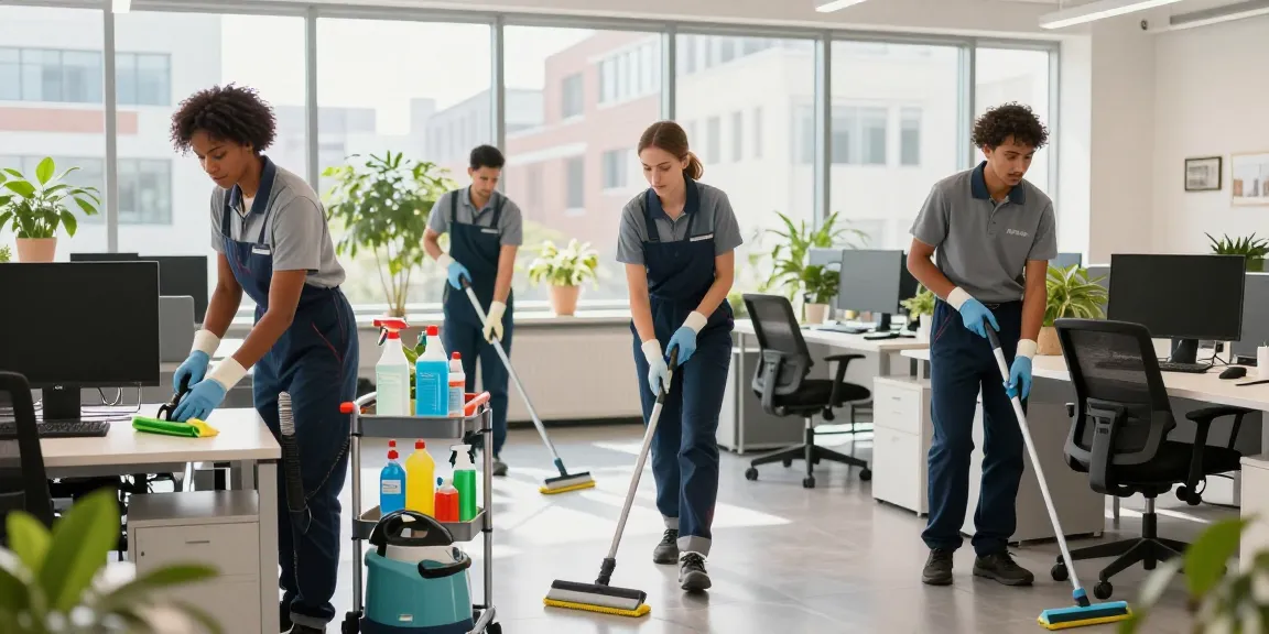 Professionelle Gebäudereinigung Düsseldorf im modernen Büro mit umweltfreundlichen Reinigungsprodukten.