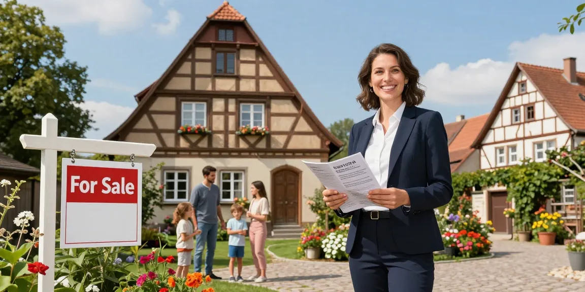 Immobilienmakler Reutlingen präsentiert charmantes Fachwerkhaus mit interessierten Käufern im Garten.