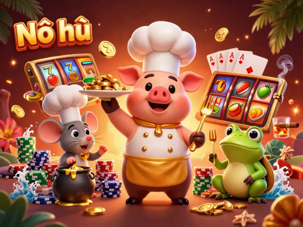 Nổ hũ: A playful illustration of a chef pig serving gold coins in a exciting casino setting.