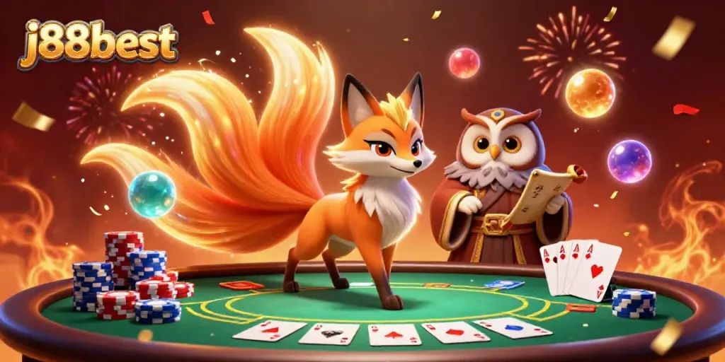Win big at j88best with a vibrant poker scene featuring a nine-tailed fox spirit and an owl sage.