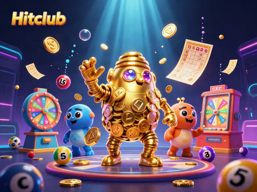 Engage with Hitclub's exciting lottery world through a vibrant, dynamic 3D illustration.