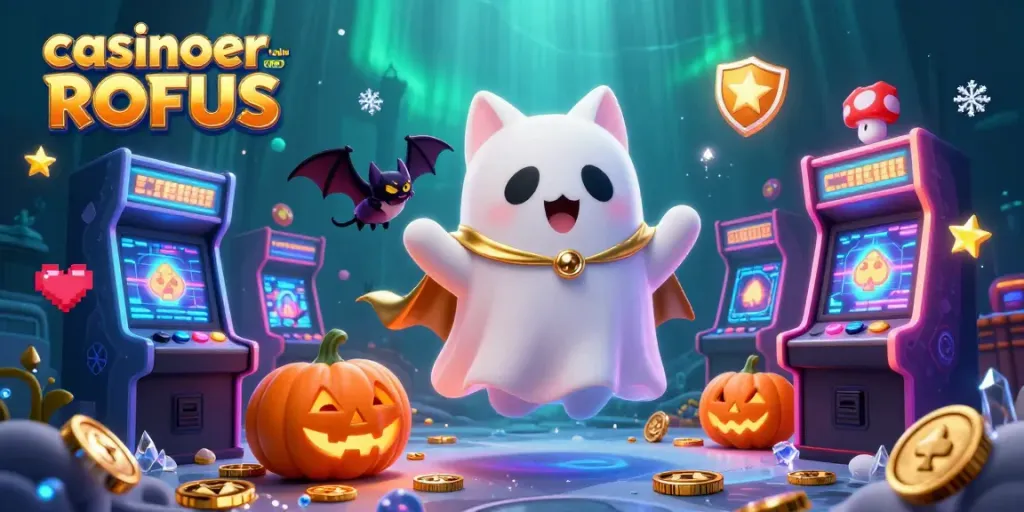 Engage with thrilling gameplay at casinoer uden ROFUS, featuring a whimsical haunted casino scene with a ghost cat and arcade elements.