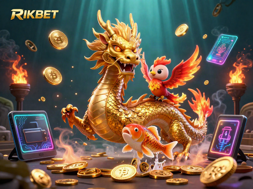 Experience RIKBET's dynamic online gaming with a golden dragon and vibrant coins in this captivating scene.