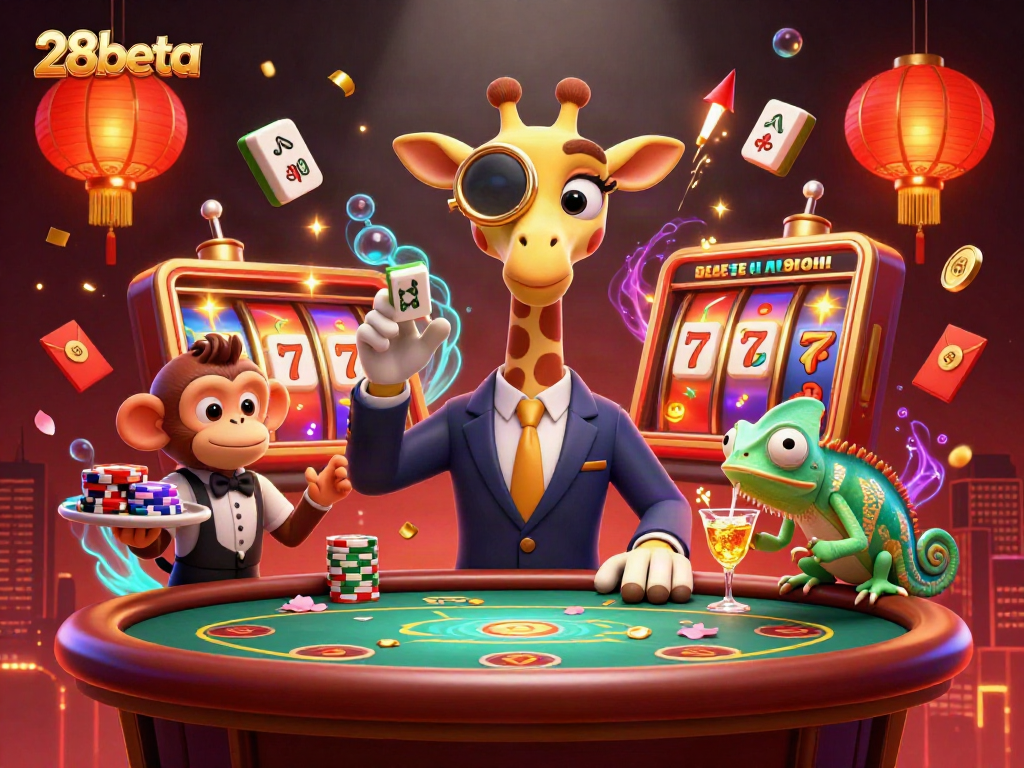 Engage with thrilling action at 28beta featuring a high-roller giraffe at a dynamic poker table.