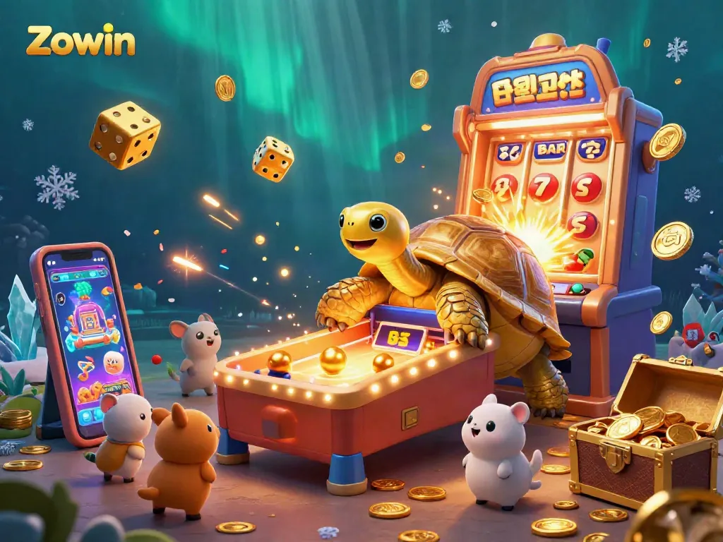 Zowin's vibrant gaming scene showcases excitement with animals playing a golden tortoise pinball machine amidst slot machines and treasures.