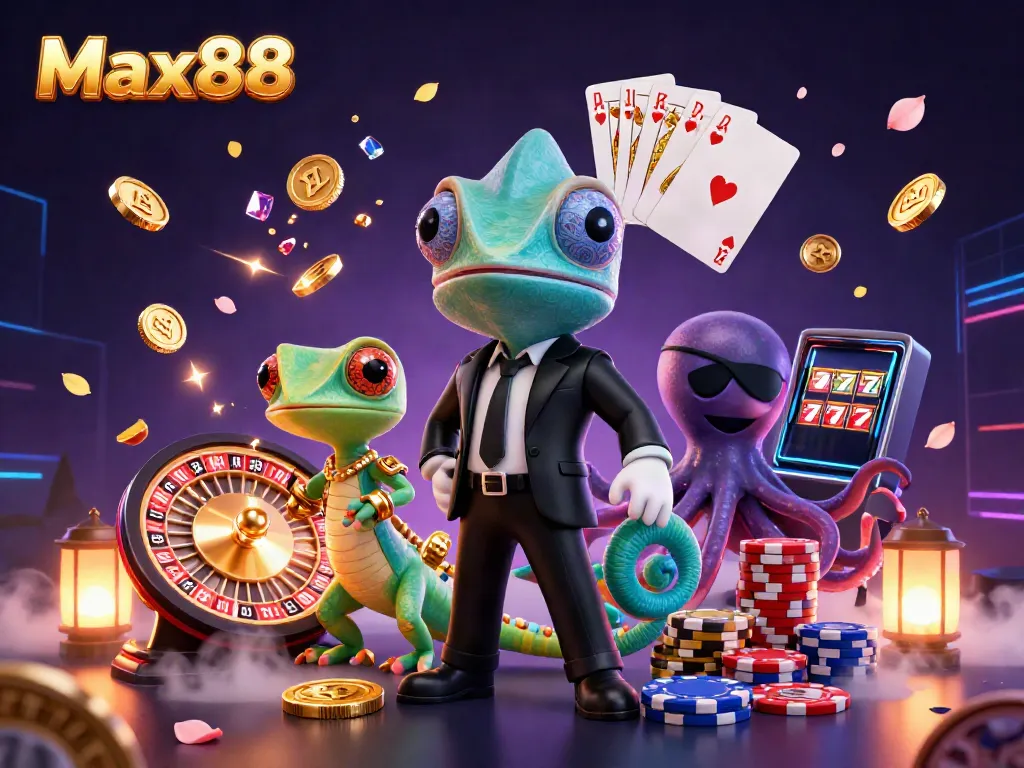 Max88's exciting 3D casino scene featuring a colorful chameleon, tech-savvy gecko, and villainous octopus amidst sparkling gems and casino action.