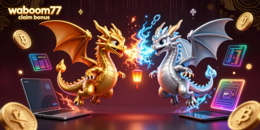 Experience the excitement of the waboom77 claim bonus with 3D dragons and digital assets in a vibrant casino scene.