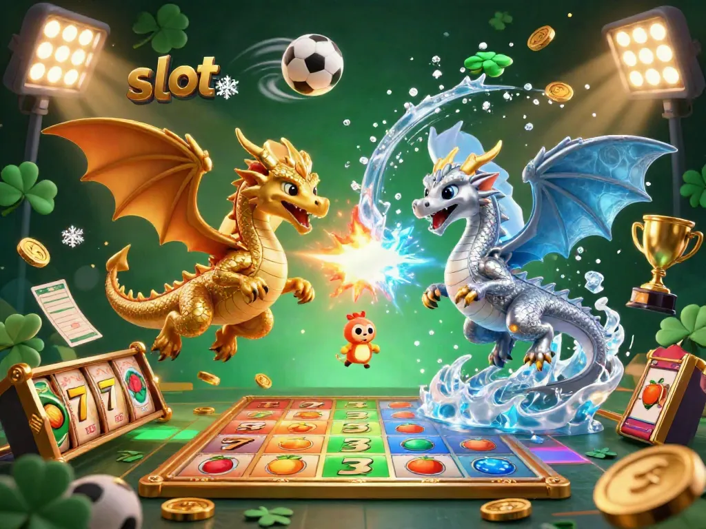Experience the thrill of slot gaming with gold and silver dragons unleashing fire and ice amidst vibrant casino elements.