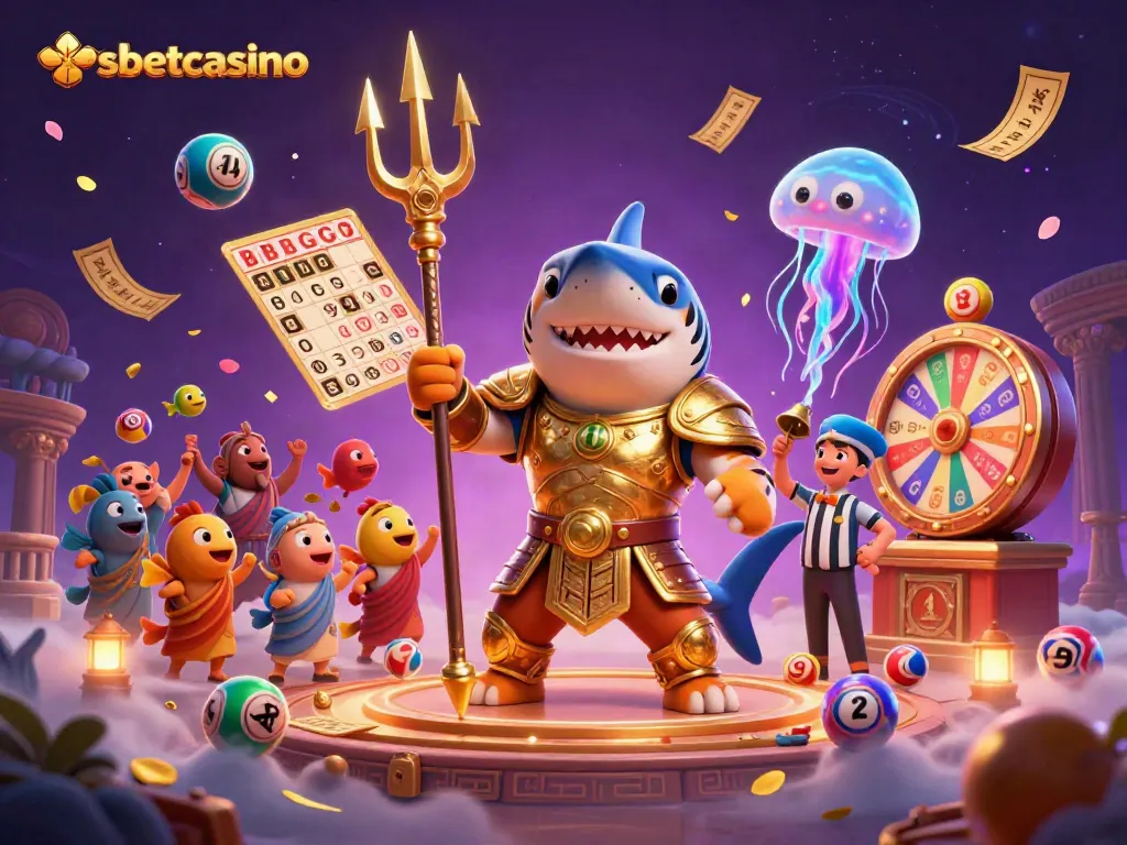 Experience the excitement of shbetcasino with a vibrant underwater colosseum featuring a gladiator shark and lottery elements.