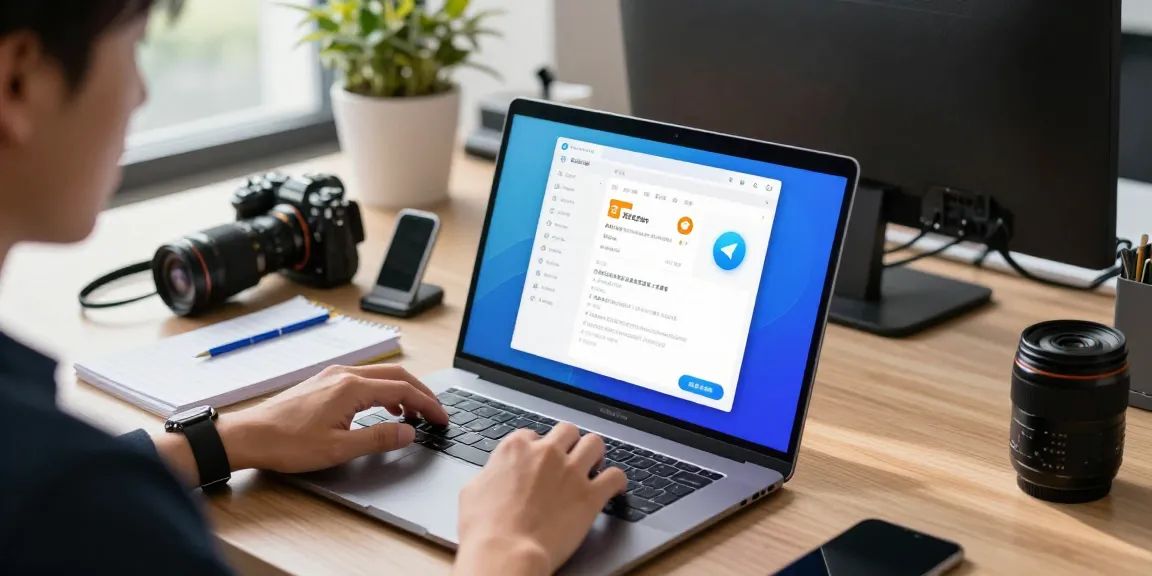 Setting up Telegram中文 on a modern tech workspace with colorful language settings displayed, creating a productive atmosphere.