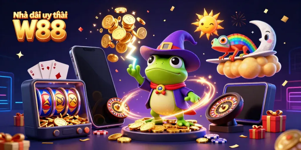 Engage with Nhạc cái uy tín W88 through a vibrant 3D illustration of exciting casino elements.
