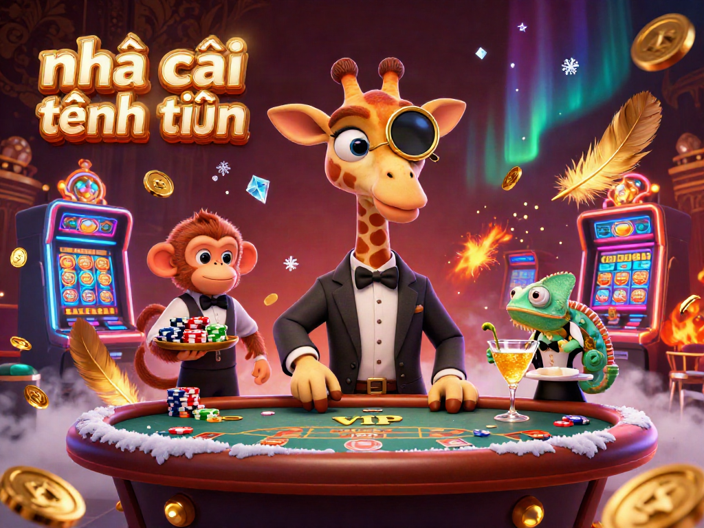 Experience the excitement with nhà cái tặng tiền as a vibrant giraffe, monkey valet, and chameleon bartender come to life in a casino.