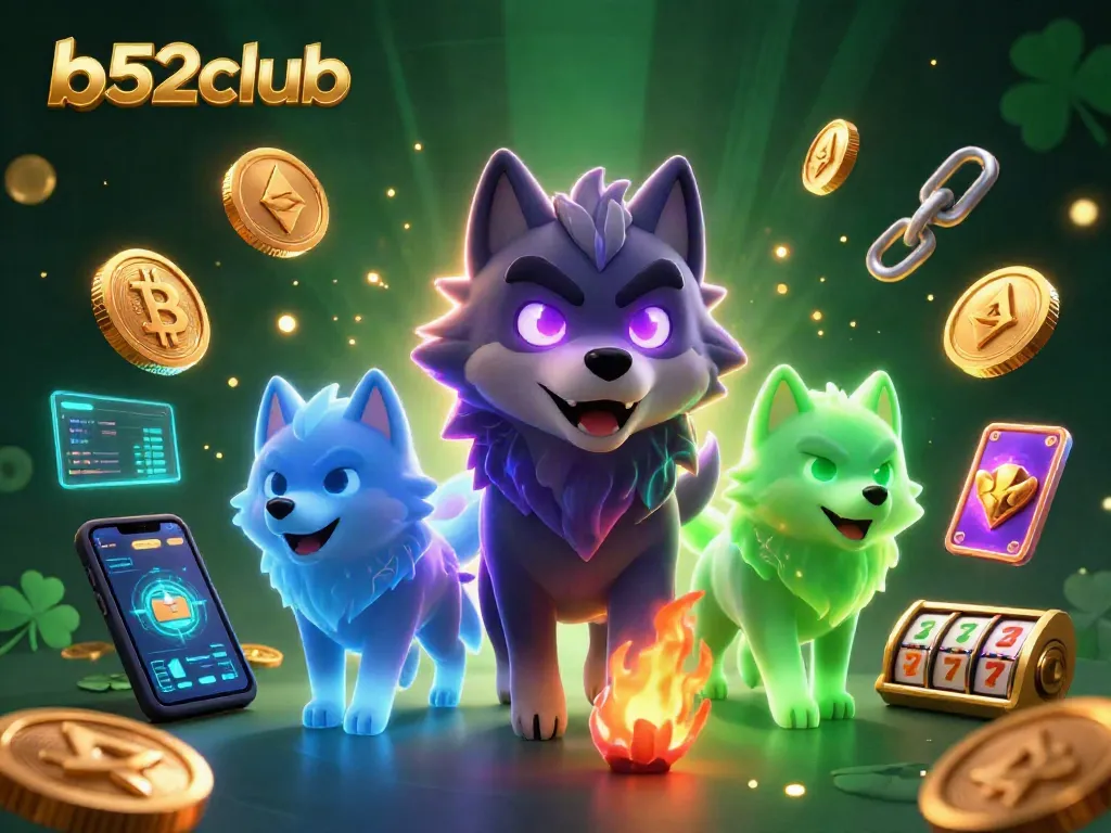 Engage with b52club's vibrant casino experience featuring mythical wolves and dynamic cryptocurrency elements.