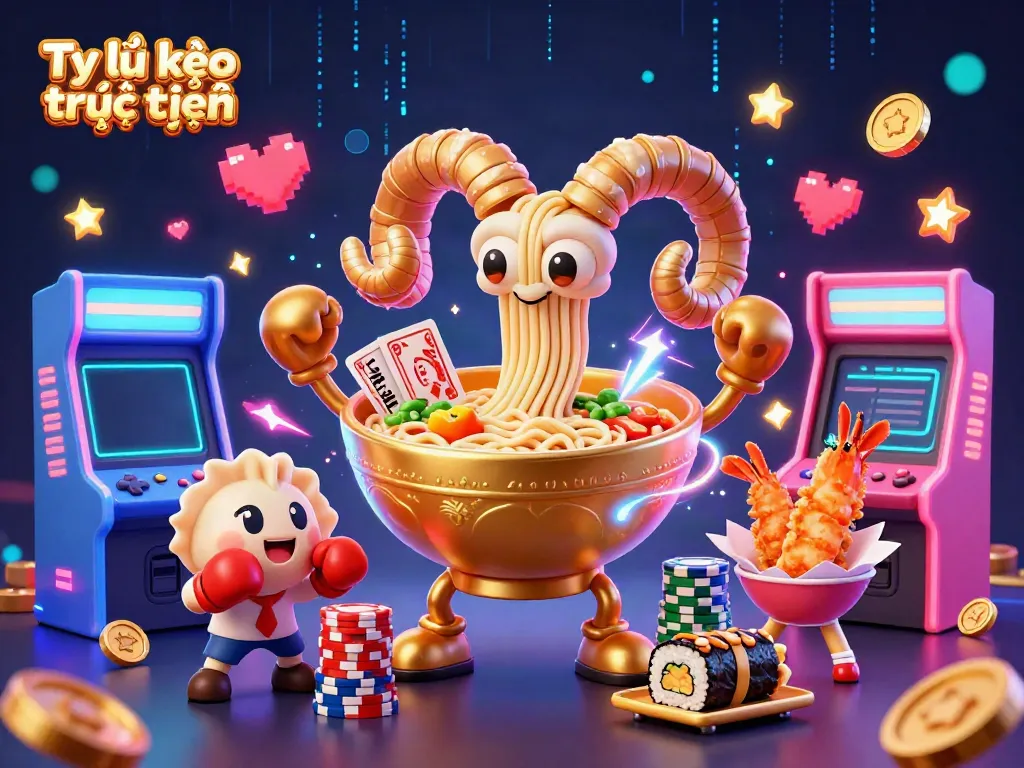 A vibrant and dynamic 3D illustration of Tỷ lệ kèo trực tuyến with gambling elements like cards and casino chips, featuring unique characters in action.
