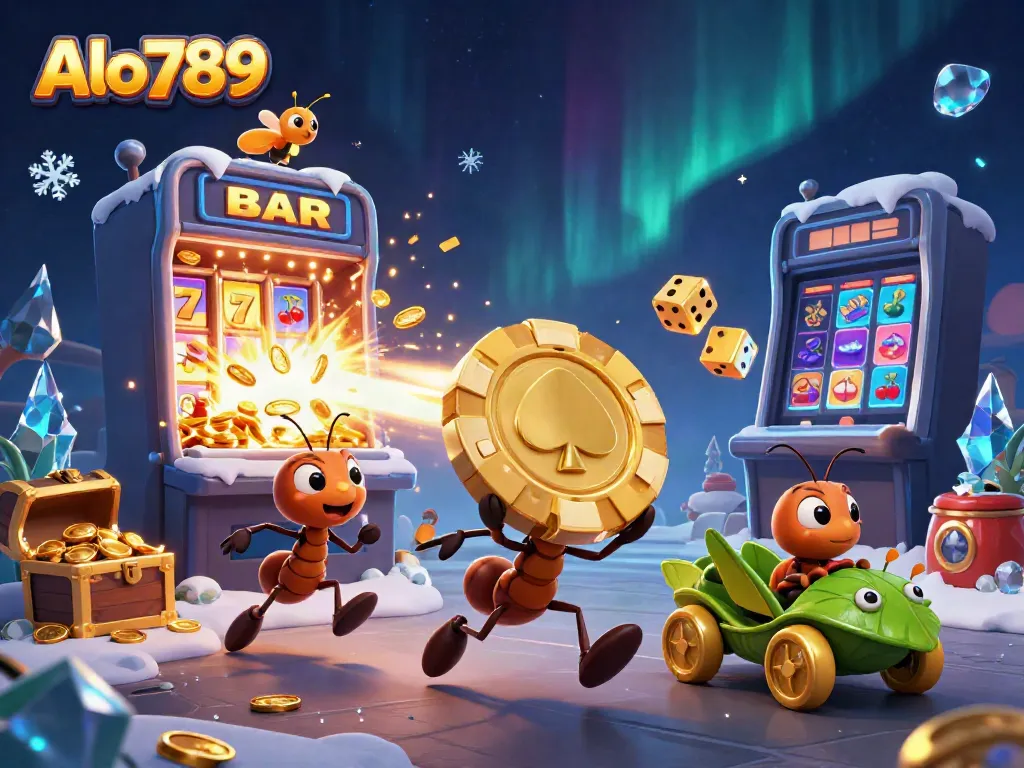 Alo789 ants on a heist with golden poker chip amid a vibrant casino explosion of rewards.