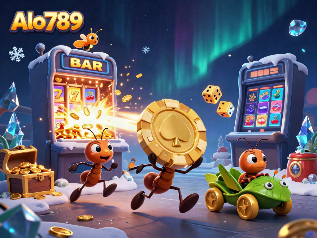 Alo789 ants on a heist with golden poker chip amid a vibrant casino explosion of rewards.