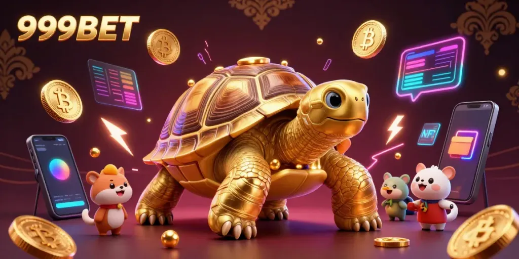 Engage with the animated world of 999BET, where players enjoy a vibrant casino experience with cartoon characters and dazzling crypto elements.