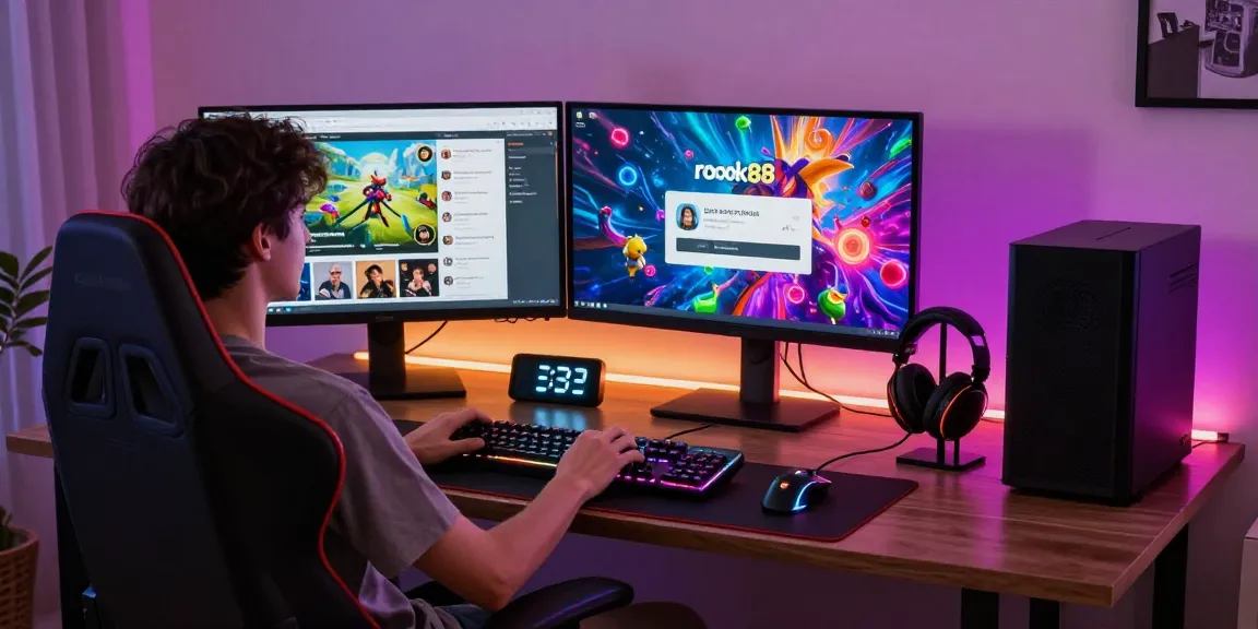 rokok88 login screen displayed in a vibrant home gaming setup with dual monitors
