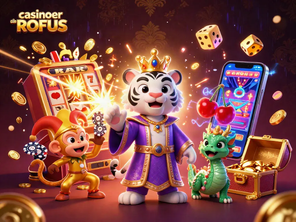 Engage in thrilling gaming at casinoer uden ROFUS with a vibrant scene of characters and casino elements.
