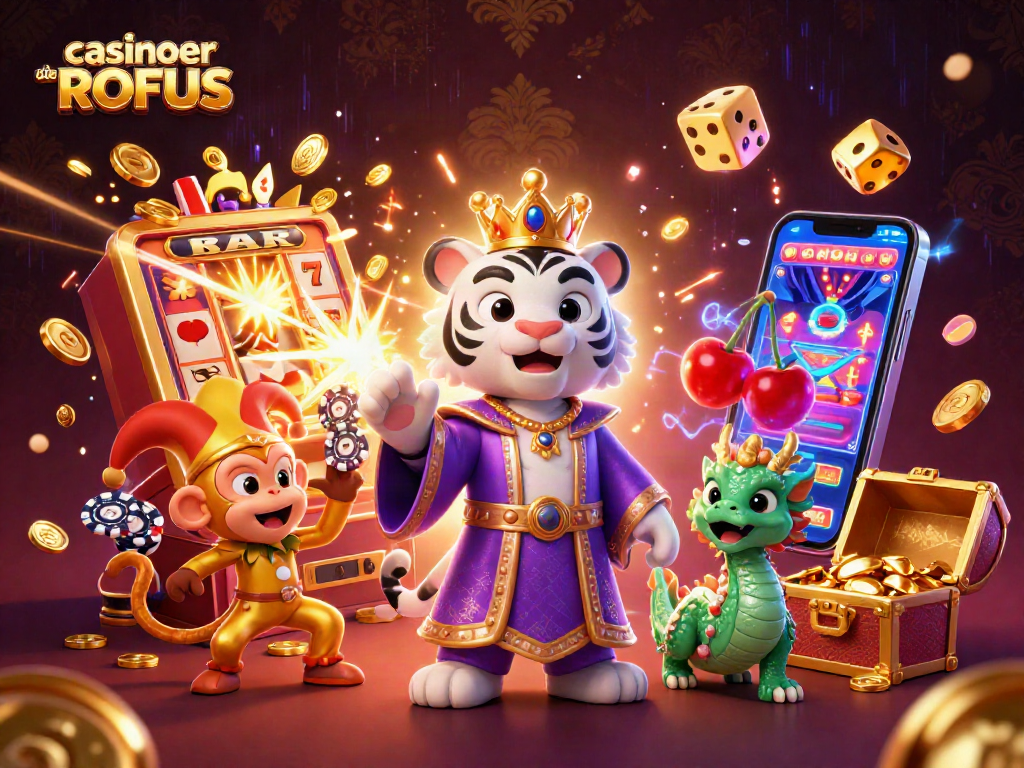 Engage in thrilling gaming at casinoer uden ROFUS with a vibrant scene of characters and casino elements.