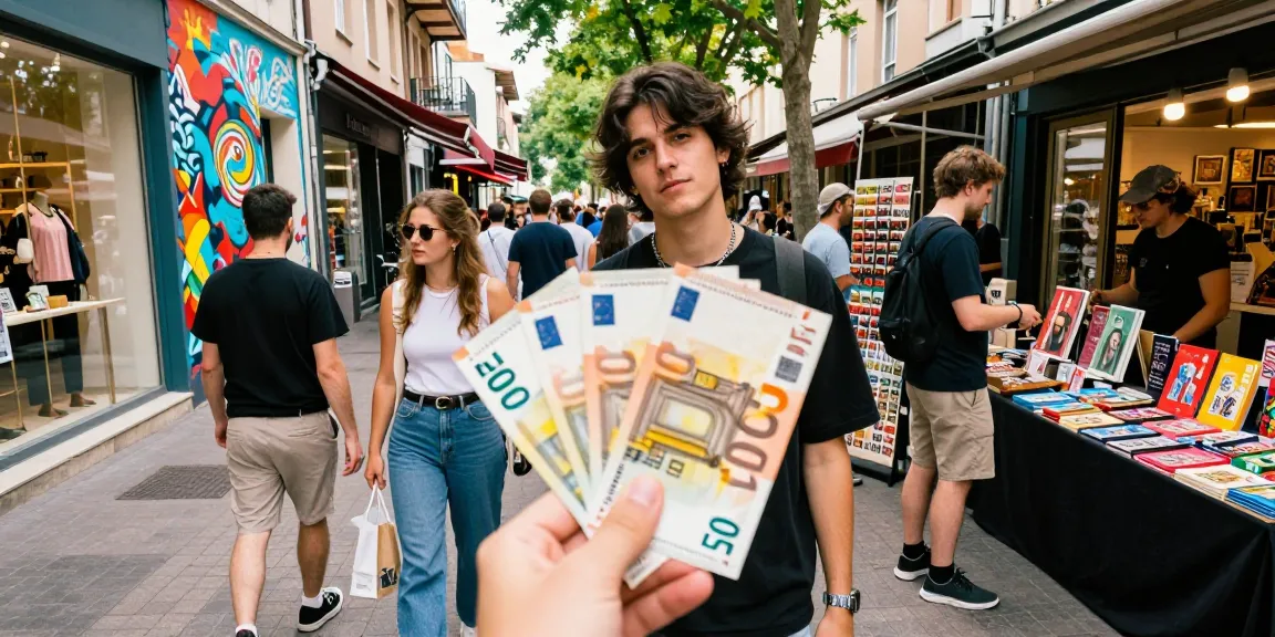 Eine Person, die selbstbewusst 50-Euro Falschgeldscheine auf einem lebhaften städtischen Marktplatz verwendet.