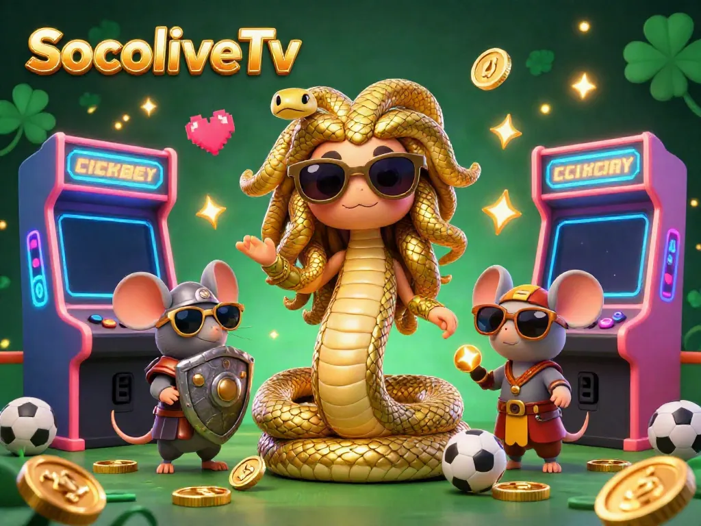 SocoliveTv showcases a lively sports betting scene with a friendly Medusa and a mouse warrior in a gaming atmosphere.