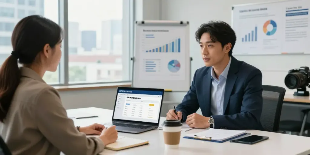Consultor financeiro mostrando o BPI Net Empresas para um cliente em escritório moderno.